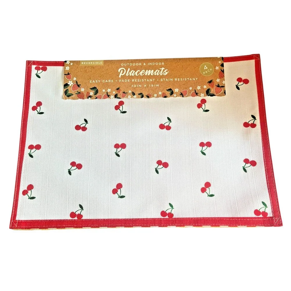 Fruit Banana Cherries Reversible Stripe Indoor Outdoor Placemats Set of 4 Summer